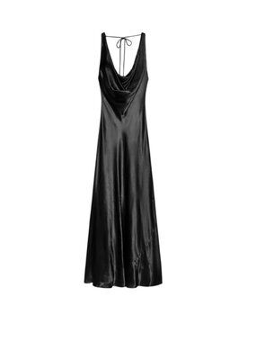 Zara Satin Cowl Neck black M Maxi Dress Draped Silhouette tie back sexy